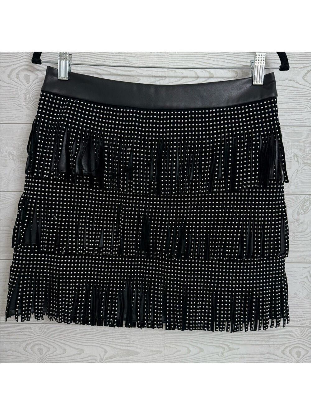Sincerely Jules Women’s Black Faux Leather Fringe Beaded Mini Skirt. Size L